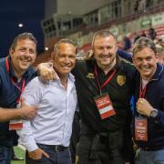 The four tops! Leigh Leopards' director of rugby, Chris Chester, second from right, with, from left, chief executive Neil Jukes, head coach Adrian Lam and owner Derek Beaumont