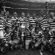 The Leigh players celebrate their cup final win at Wembley in 1971