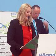 Jo Platt delivers a victory speech after being elected the first female MP of Leigh