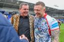 Josh Charnley celebrates Leigh Leopards' Challenge Cup semi-final success with club owner Derek Beaumont