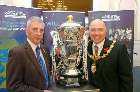 Councillor Terry O'Neill with Mayor Steve Wright and the World Cup 