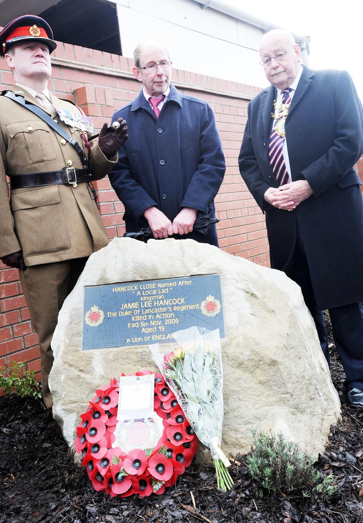 Major George Briscoe with Jamie's dad Eddie Hancock and Mayor of Wigan Clr Billy Rotherham