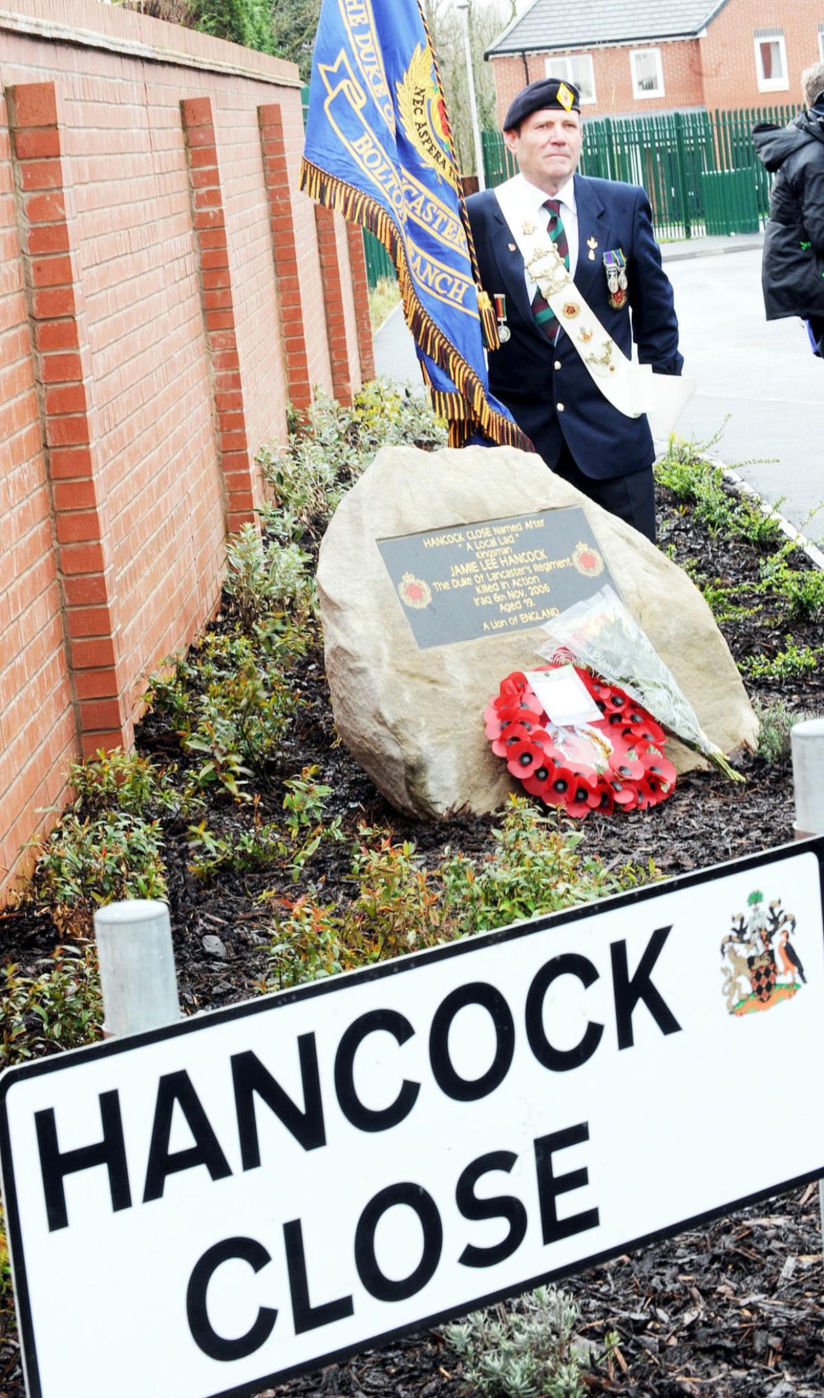 A memorial stone was unveiled at Hancock Close to honour fallen soldier Jamie Hancock