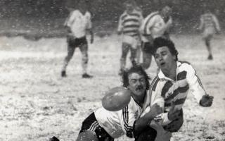 Mick Burke tackles Terry Bilsbury in the snow in December 1981. Pic: Glen Cameron