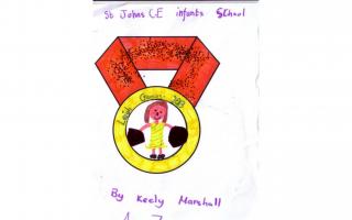 WINNER: Keeley Marshall, aged seven, a pupil at St John’s CE Infants School in Leigh, choose a cheerleader as the focal point of her medal, with shiny paper for the pom poms.