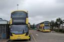 Yellow branded buses at Leigh Bus Station. August 24, 2023. Credit: LDRS. Caption: Joseph Timan. Permission for use for all LDRS partners.