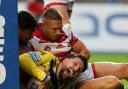 Matty Russell is unable to prevent this Gareth Widdop try for Warrington. Picture: SWpix.com