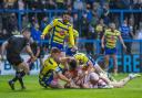 Liam Hood's try at the start of the second half for Leigh Centurions against Warrington Wolves. Picture: Richard Walker