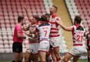 Leigh Centurions celebrate Liam Hood's try. Picture: SWpix.com