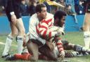 Des Drummond being tackled by Phil Ford while playing for Leigh (Image: Eddie Whitham)
