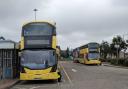 Yellow branded buses at Leigh Bus Station. August 24, 2023. Credit: LDRS. Caption: Joseph Timan. Permission for use for all LDRS partners.