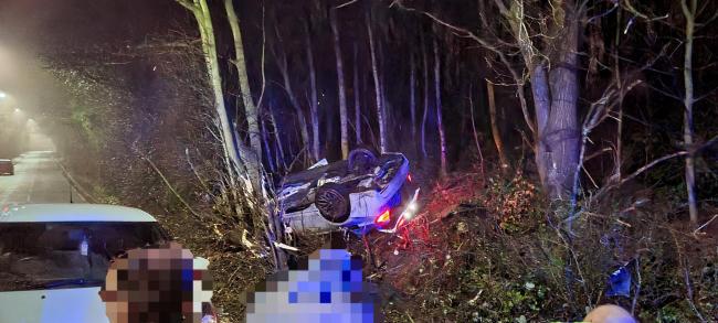 A grey BMW collided with a tree causing a branch to fall onto the road