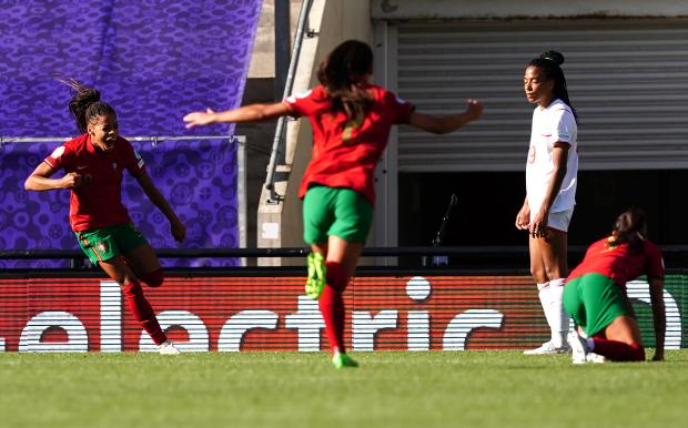 Leigh Journal: Portugal's Jessica Silva (left) celebrates scoring their side's second goal of the game during the UEFA Women's Euro 2022 Group C match at Leigh Sports Village Picture: PA 
