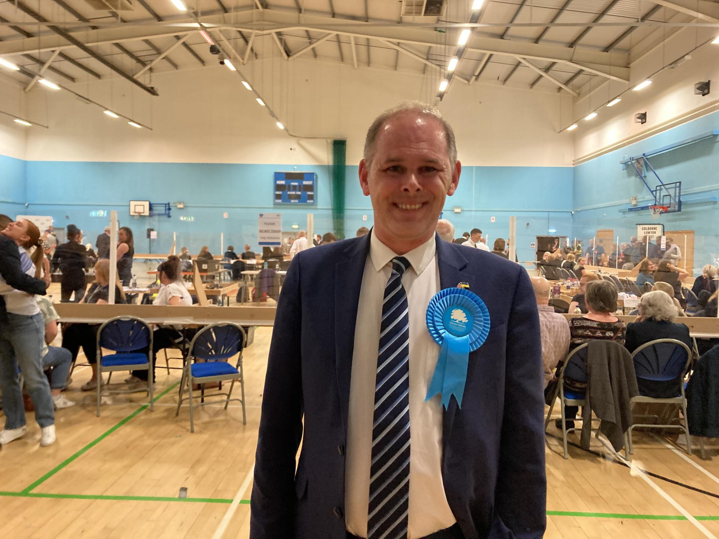 MP James Grundy at Leigh Sports Village for local elections count 2022. Picture uploaded by George Lythgoe. Credit: Local Democracy Reporting Service. Free to use for all LDRS partners