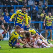 Liam Hood's try at the start of the second half for Leigh Centurions against Warrington Wolves. Picture: Richard Walker