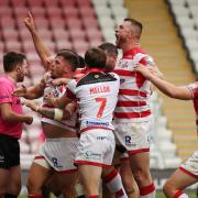 Leigh Centurions celebrate Liam Hood's try. Picture: SWpix.com