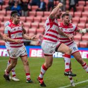 The moment the Leigh win against Salford was secured, Adam Sidlow celebrating his try. Picture: Richard Walker