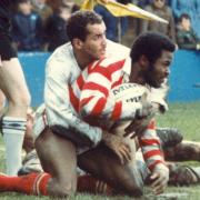 Des Drummond being tackled by Phil Ford while playing for Leigh (Image: Eddie Whitham)