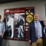 Will Eckersley , grandson of Peter Eckersley, left at the unveiling of the tribute to his grandfather. Sidney Snow's relatives are pictured on the right. 

 

On the right is the family of Sydney Snow, who died alongside Peter in the flying acciden