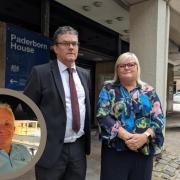 Lawyer Stephen Jones (left) with Jane Horsman (right) outside Bolton Coroners' Court. Inset Mr Horsman