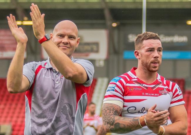 Mitch Cox, right, on his Leigh Centurions debut. Picture by Onion Bag Photography